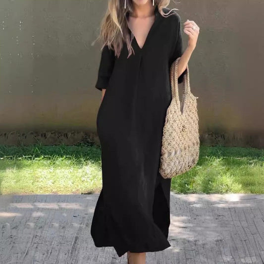 💖 Elegáns V-nyakú ruha pamutból és vászonból