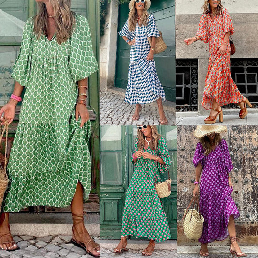 💖 Női Elegáns Puffos Ujjú Virágos Boho Maxi Ruha